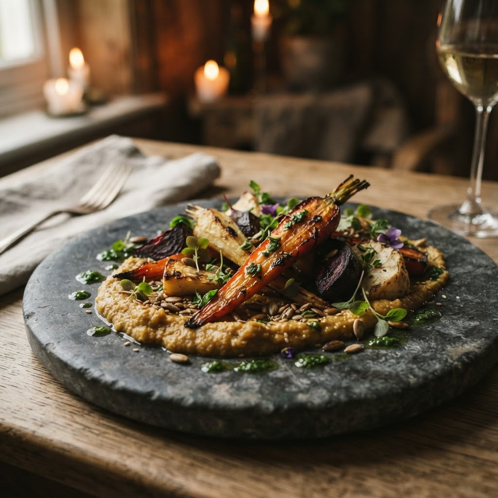 A refined plant-based course with roasted vegetables and herb oil