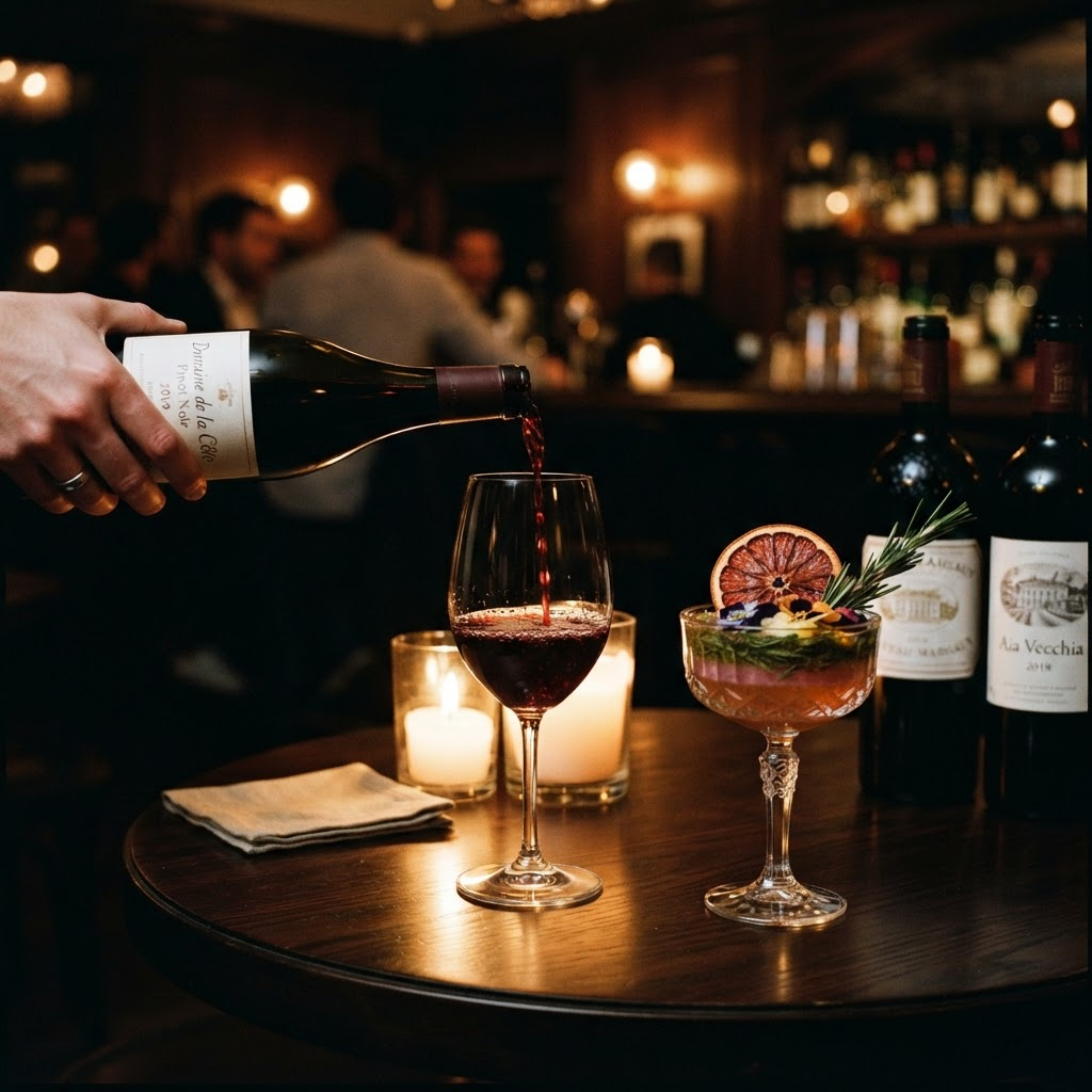 An elegant pour of wine beside a botanical non-alcoholic elixir