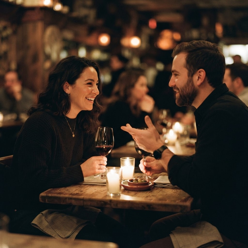 Two people in warm conversation at a candlelit table