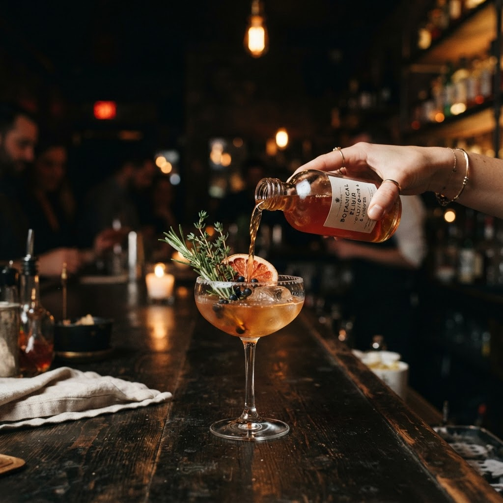 A botanical non-alcoholic elixir being poured into a coupe glass